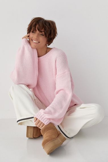 В'язана однотонна кофта з рукавами-ліхткриками - рожевий цвет, ONE SIZE (є розміри) | Зображення 2