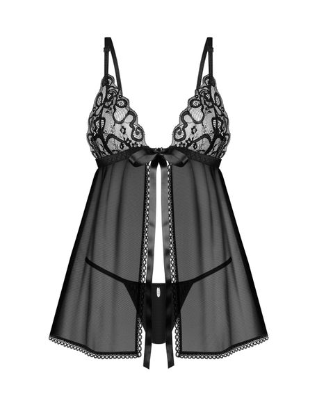 Рубашка беби-долл Obsessive Blomentis babydoll & thong, XS/S, кружевной лиф, стринги в комплекте, Черный, XL/2XL | Зображення 2
