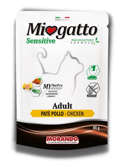 Корм Morando Miogatto Sensitive Monoprotein Chicken вологий з куркою для дорослих котів 85 гр