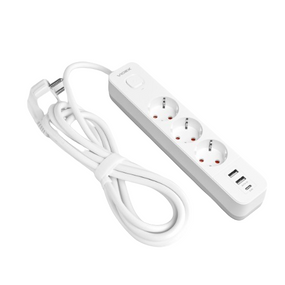 Мережевий подовжувач із заземленням 3 розетки/2USB-A/1Type-C 3м з кнопкою білий VF-PD33G2U1C-W Oncord Videx