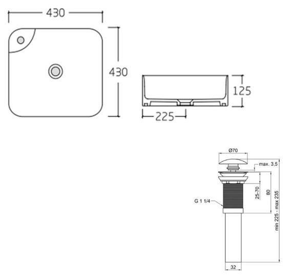 Комплект Qtap Stork: Раковина накладна квадратна 430x430x125 мм White + Донний клапан PU02 (QT15112194WN47318) | Зображення 1