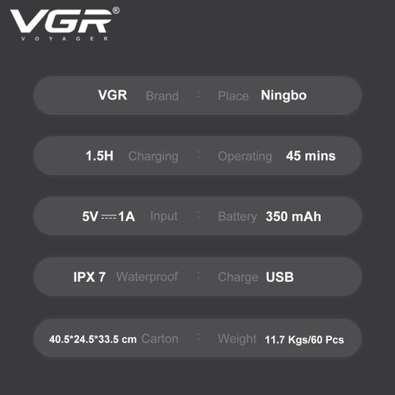 Електробритва VGR V-345 Grey роторна, водонепроникна IPX7 (45694-V-345 GREY_290) | Зображення 7