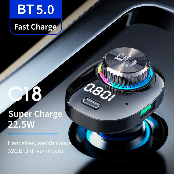 Автомобильный FM ФМ модулятор Terra С18, Bluetooth 5.0, трансмиттер, быстрая зарядка | Зображення 6