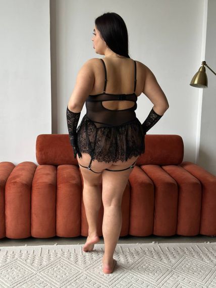 Мереживний чорний пеньюар еротична білизна з гартерами PLUS SIZE | Зображення 9