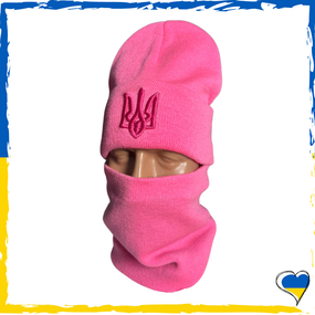 Комплект рожевий з гербом шапка и баф на флісі унісекс. Набір теплий. Чоловічий, жіночий, підлітковий, дитячий