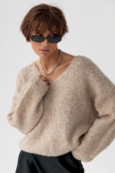 В'язаний джемпер з V-подібною горловиною - кавовий цвет, ONE SIZE (є розміри) | Зображення 4