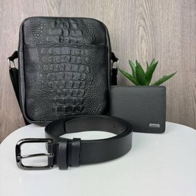Набор сумка мужская кожаная через плечо черная под крокодила + кожаный ремень + кошелек