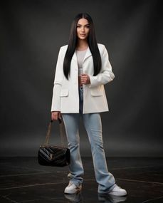 Женский пиджак SOLINNA SFH-307 oversize классический жакет на подкладке черный/молочный/синий 46-48, Молочный