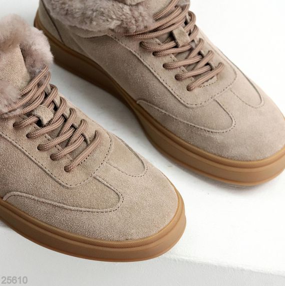 Класичні Бежеві зимові кросівки натуральна замша опушка цигейка | Зображення 8