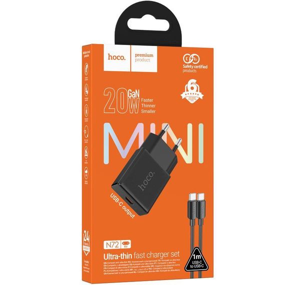 МЗП Hoco N72 Speed ultra-thin PD20W (1USB-C) + кабель Type-C to Type-C Black | Зображення 1