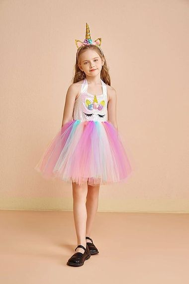 Платье единорога для девочки 7–8 лет праздничное с радужной объемной юбкой, обручем, наряд на день рождения | Зображення 5