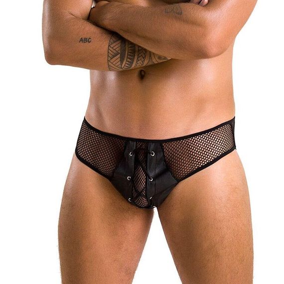 Чоловічі труси зі шнурівкою Passion Slip Richard S/M, чорні, екошкіра, сітка