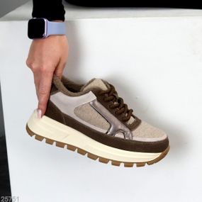 Дизайнерські комбіновані фетрові зимові кавово-бежеві кросівки 40