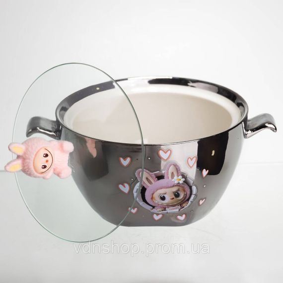 Бульонница фарфоровая Labubu с крышкой и ручками 800 (мл) Ø15 (см) детская тарелка для супа и лапши Серебристый с розовым FM-34C | Зображення 3