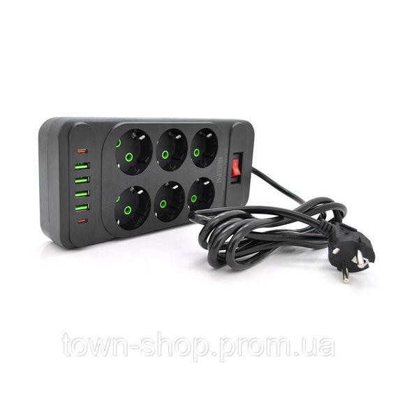 Сетевой фильтр F33U, 6 розеток EU + 4 USB + 2 PD, кнопка включения с индикатором, 2 м, 3х0,75мм, 2500W, Black, | Зображення 1