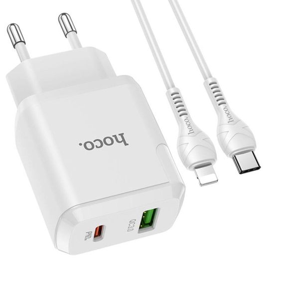 Мережевий зарядний пристрій HOCO N5 Favor dual port PD20W+QC3.0 charger set(C to iP) White