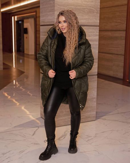 Женская демисезонная куртка больших размеров утепленная удлиненнная PB2160 хаки, размер 54