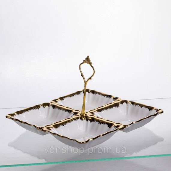 Менажница фарфоровая на 4 секции для закусок тарелка менажница 22.5×22.5×3 (см) менажница с ручкой Белый с золотом LC-BYL-101 | Зображення 2