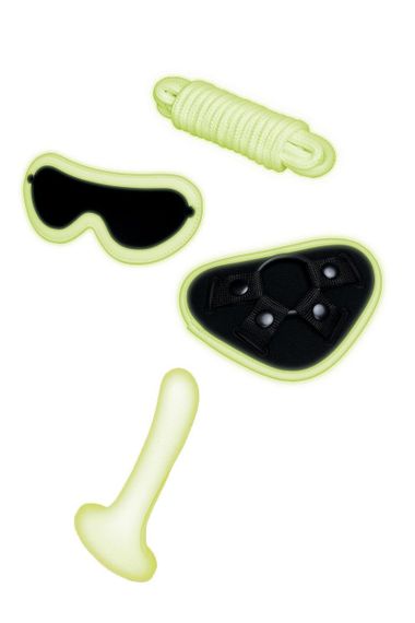 Набор БДСМ Whipsmart Glow In The Dark страпон, маска на глаза, веревка, флуоресцентные sexstyle