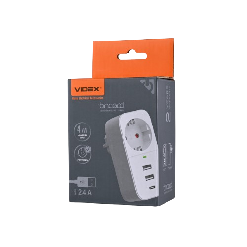 Фільтр мережевий 1 розетки/2USB-A/1Type-C із заземленням білий VF-AD1G2U1C-W Oncord Videx | Зображення 2