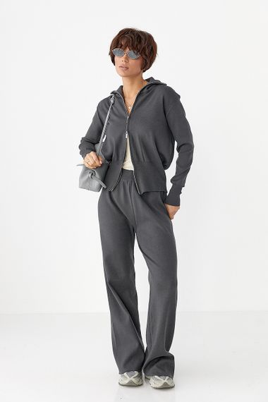 Трикотажний костюм із коротким кардиганом на блискавці та широкими штанами - темно-сірий цвет, ONE SIZE (є розміри) | Зображення 4