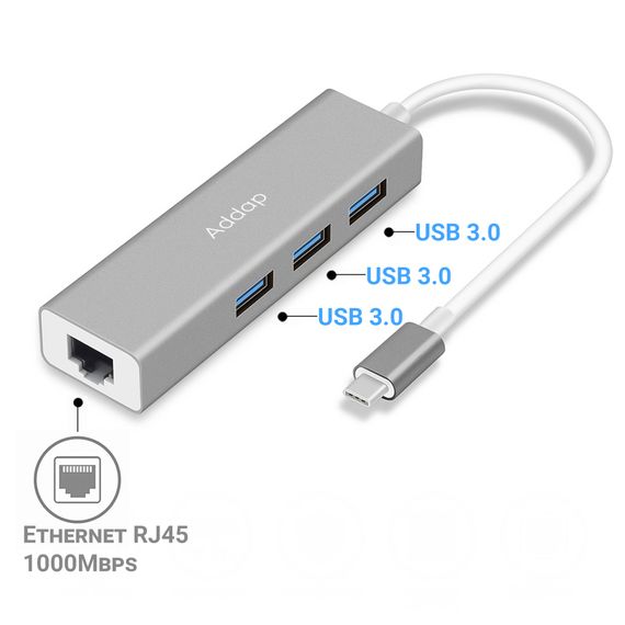 USB Type-C Хаб | адаптер на 3 порта USB 3,0 для ноутбука Addap MH-05, с интернет подключением Ethernet RJ-45 1000 Мбит/с | Зображення 7