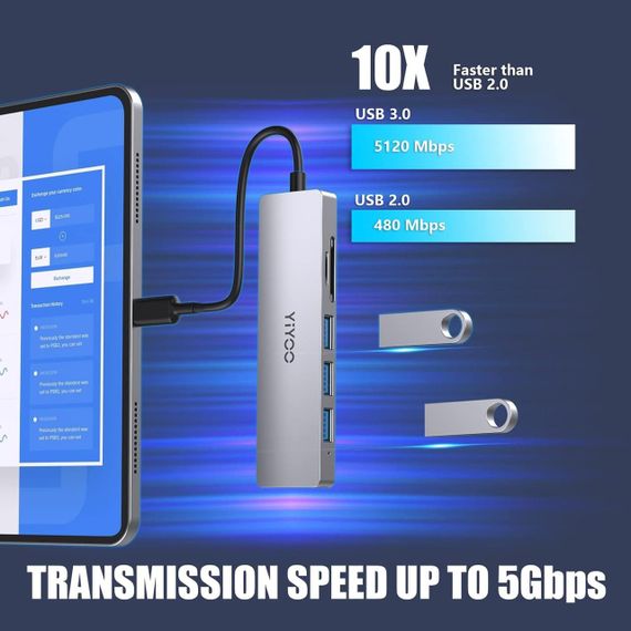 YIYOO 6-в-1 USB-C хаб, HDMI 4K@30Hz, 3x USB 3.0, SD/TF, адаптер для MacBook, Surface, XPS, PS5, Xbox, ноутбуків | Зображення 2