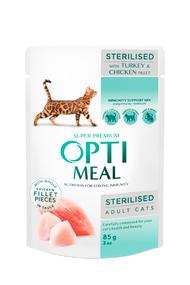 optimeal Повнораціонний консервований корм для стерилізованих кішок  та кастрованих котів з індичкою та курячим філе у соусі 85 г