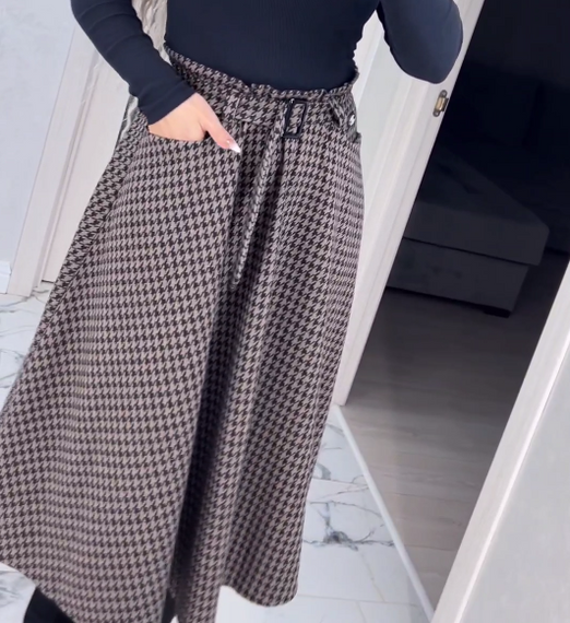 Женская свободная юбка гусиная лапка трапеция миди BU8777 цвет черно-коричневый, размер 46/48 | Зображення 2