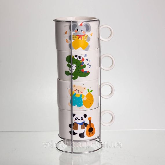 Набір порцелянових чашок для дітей на металевій підставці Animals 4 (шт) по 300 (мл) подарунковий набір чашок FM-8 | Зображення 1