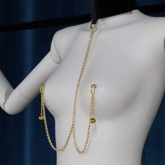 Розпірка для зап'ясток або щиколоток з нашийником і затискачами на соски з дзвіночками UPKO, чорна | Зображення 1