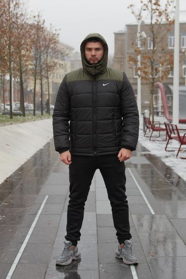 Комплект чоловічий Nike: куртка зимова "Frost" хакі-чорна + штани з тринитки утеплені чорні | Зображення 1