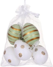 Пасхальний декор "Яйця в мішечку", 6 яєць-підвісок 4х6см у сітці, білий із зеленим