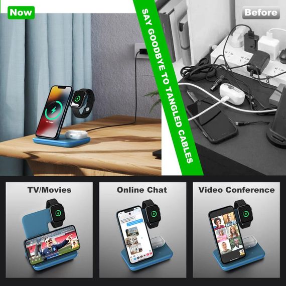 Бездротова зарядна станція 3в1 Minthouz, 18W, для iPhone, Apple Watch, AirPods, QC3.0, Type-C, синя | Зображення 4