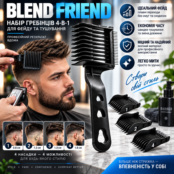Професійний набір гребінців 4-в-1 Blend Friend для фейду та тушування волосся (чорний). Знімний перукарський гребінець-насадка | Зображення 16