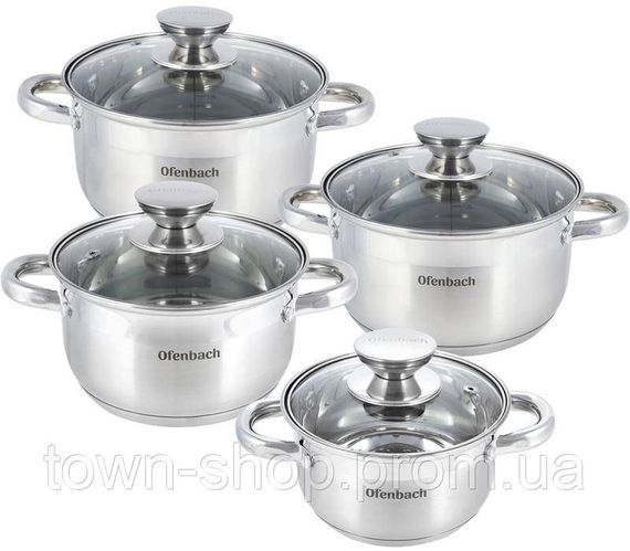 Набор 4 кастрюли Ofenbach Casserole из нержавеющей стали (1.1л, 1.7л, 2.4л, 3.4л) со стеклянными крышками NB-100004