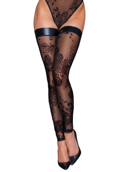 Тюльові панчохи з візерунковою вишивкою з флока Noir Handmade F243 Tulle stockings with patterned flock embroidery Чорні M