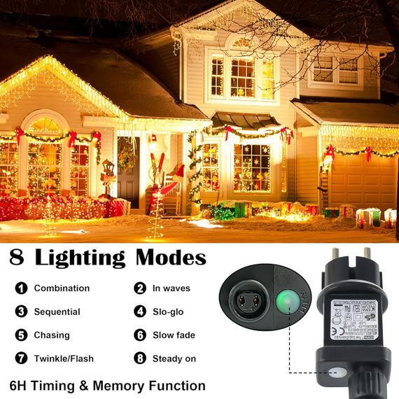 Гірлянда, світлодіодна, різдвяна, 8 режимів освітлення, тепле біле світло, таймер, IP44 | Зображення 5
