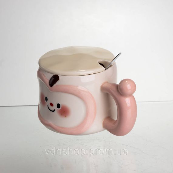 Чашка фарфоровая 400 (мл) с крышкой и ложкой, оригинальная кружка на подарок чашка для детей Розовый FM-25C | Зображення 3