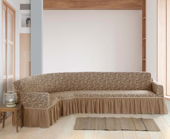 Жакардовий чохол на кутовому диван Roza з спідницею Пісковий