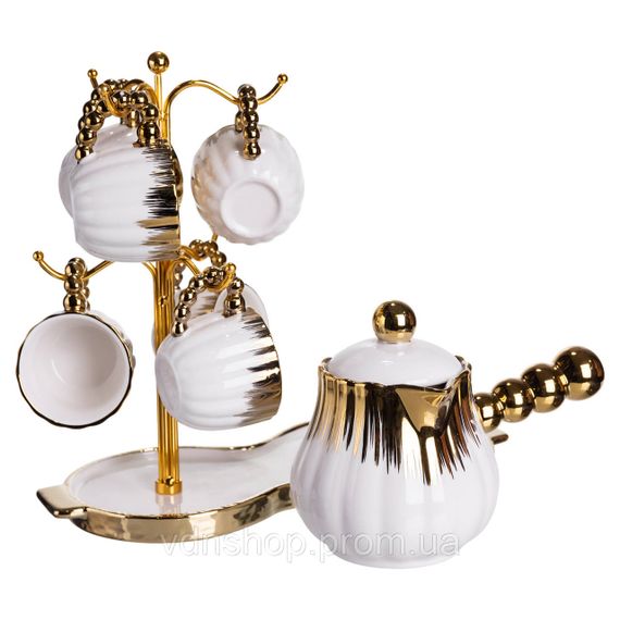 Кофейный сервиз на подставке с кофейником 450 (мл) 6 чашек по 90 (мл) подарочный набор чашек на подставке Белый с золотом FM-JJ-5 | Зображення 5