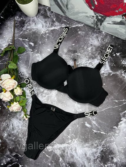 Чорний комплект жіночої спідньої білизни Victoria's Secret Модель Букви Стрази Вікторія Сікрет 85С | Зображення 6