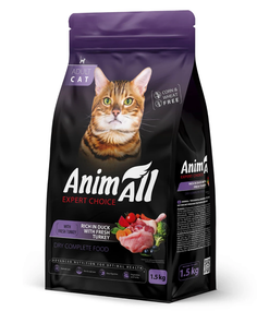 AnimAll Полнорационный сухой корм для взрослых котов со свежей индейкой и уткой, 1.5 кг