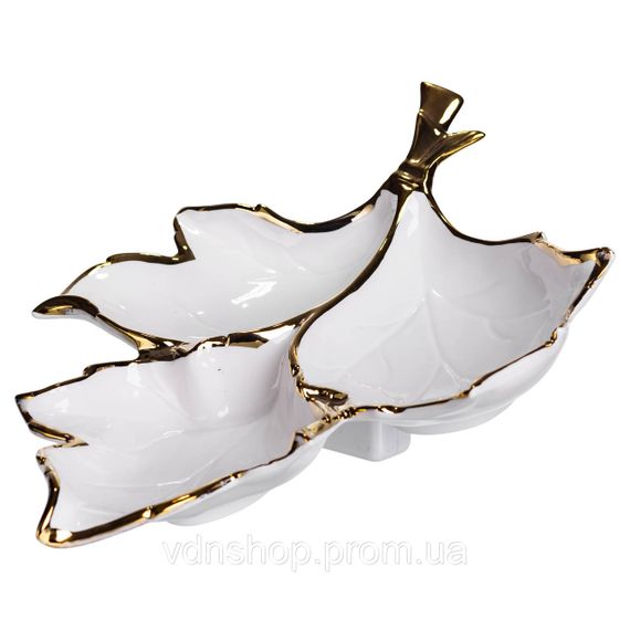 Менажница фарфоровая на 3 секции для закусок 37×28×7.5 (см) тарелка менажница Белый с золотом ZBSY-14 | Зображення 3
