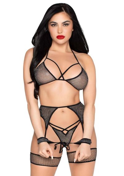 Комплект Leg Avenue Net Bra Top, String & Harness Set One Size Black Sex Aura