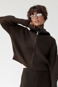 В'язаний короткий кардиган з довгим коміром - темно-коричневий цвет, ONE SIZE (є розміри)