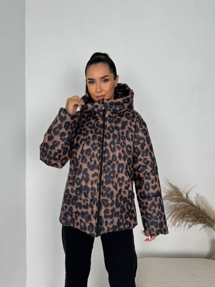 Женская теплая зимняя куртка леопардовый принт с капюшоном NB24056 цвет коричневый, размер 46/48 | Зображення 1