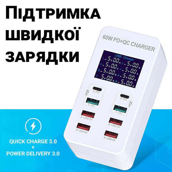 Мережевий зарядний пристрій на 8 роз'ємів Addap WLX-A8T: Type-C + USB-A із підтримкою PD 3.0 та QC 3.0 швидкої зарядки | Зображення 5