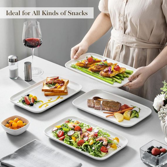 Тарілки порцелянові прямокутні набір 4 шт, велике сервірувальне блюдо біле, таріль 30×18 см для суші, закусок, десертів, MALACASA | Зображення 5