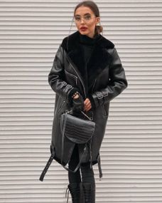 Дубленка Авиатор, Черная эко-кожа 90 см XL